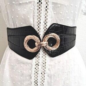 Black wide Gold‎ Buckle Corset waist Belt Faux leather elastic stretch embossed